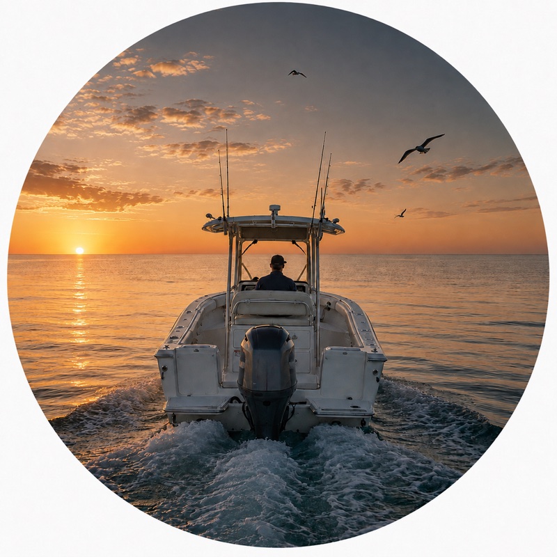 Solo boater underway at sunset