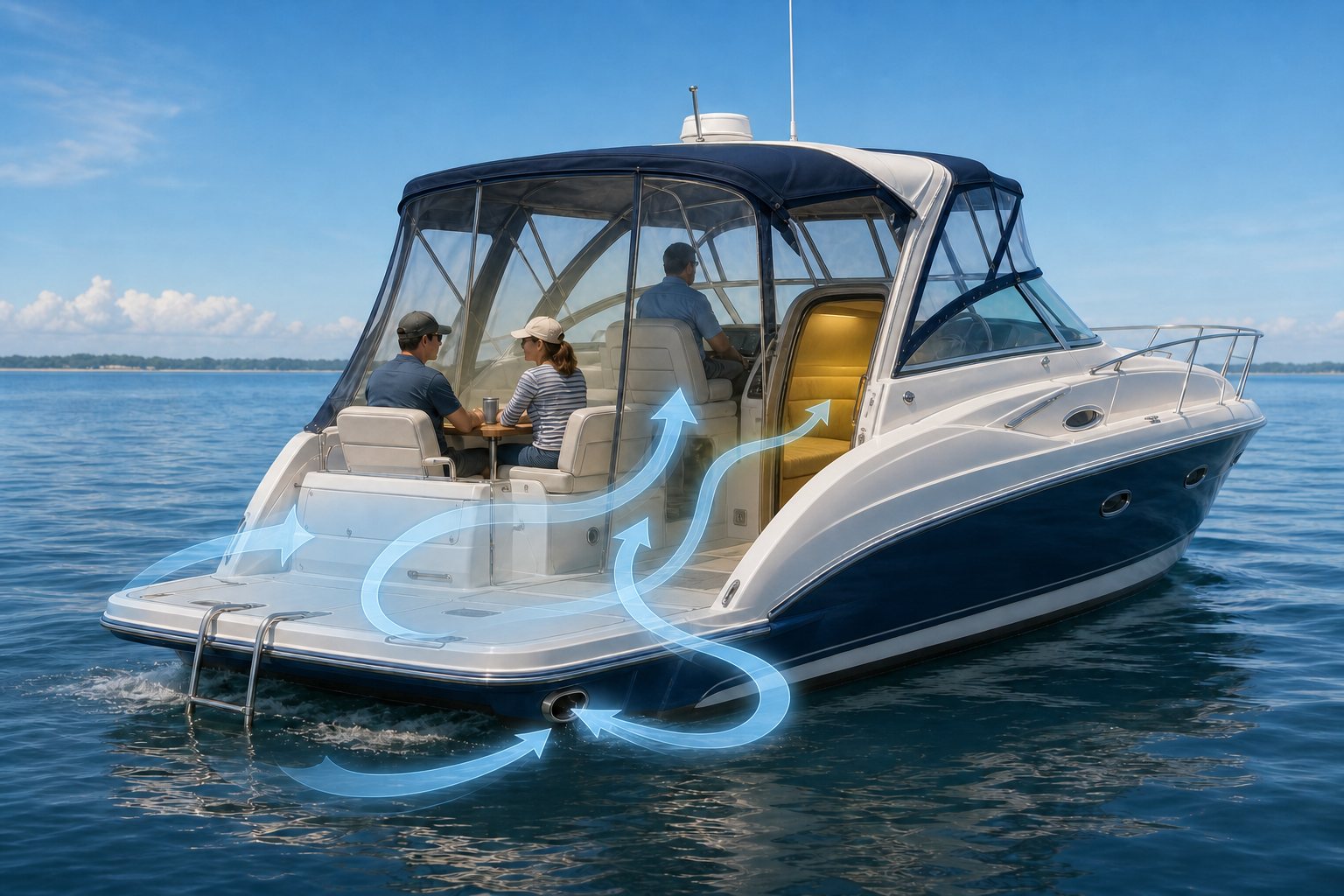 Recreational cabin cruiser highlighting carbon-monoxide danger zones at the stern, swim platform, canvas-enclosed cockpit and cabin, with external exhaust backdrafting forward.