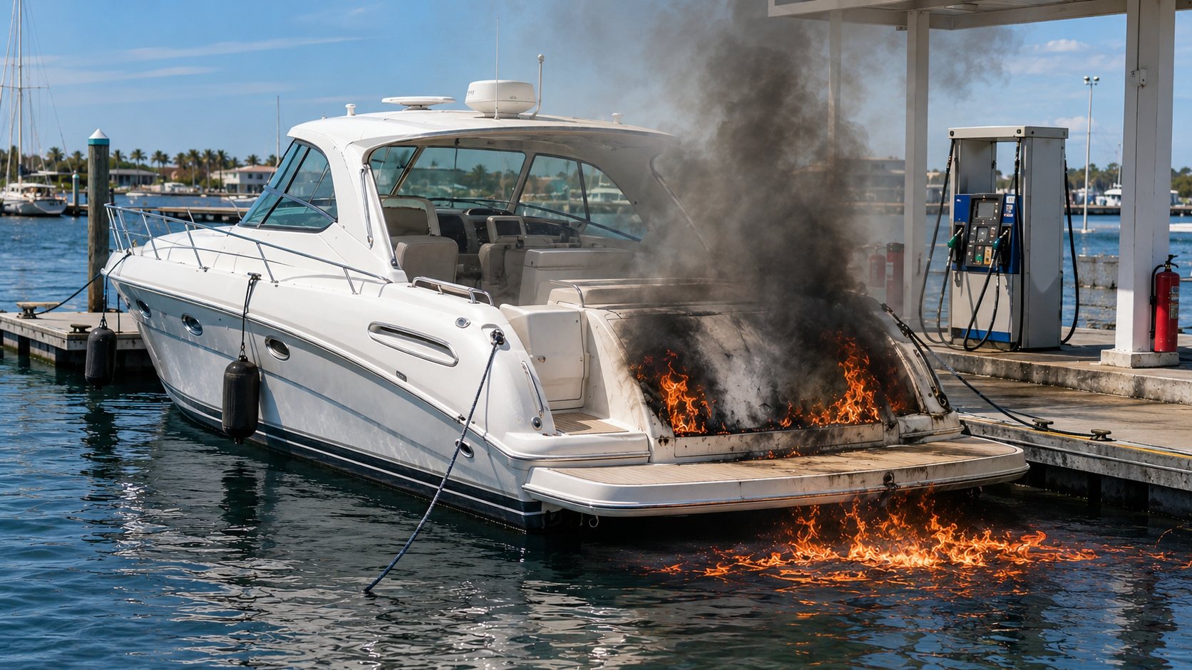 Thirty-five-foot cabin cruiser docked at a fuel station with smoke and flames coming from the rear engine compartment and spilled fuel burning on the water near the stern.