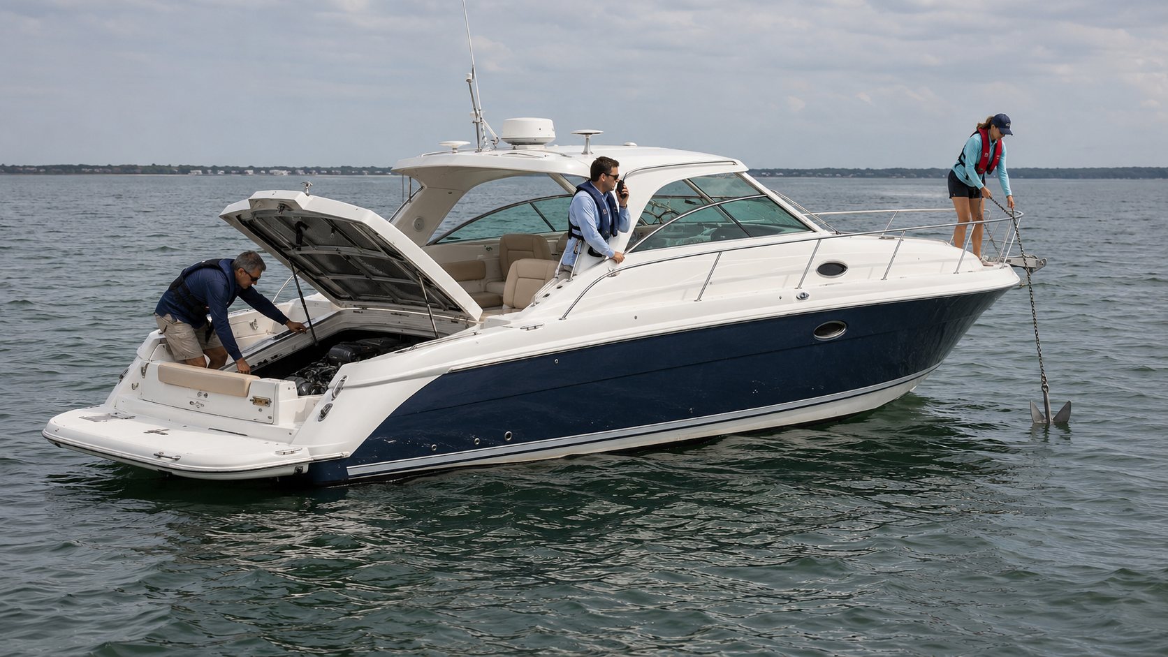 Three life-jacketed boaters respond to an engine failure as one checks the engine compartment, one makes a radio call, and one lowers the anchor from the bow.