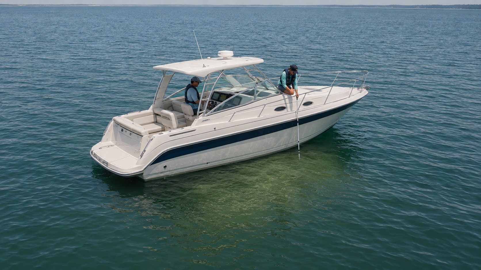 Two life-jacketed boaters assess a cabin cruiser grounded in shallow water as one checks depth beside the bow and the other remains at the helm.