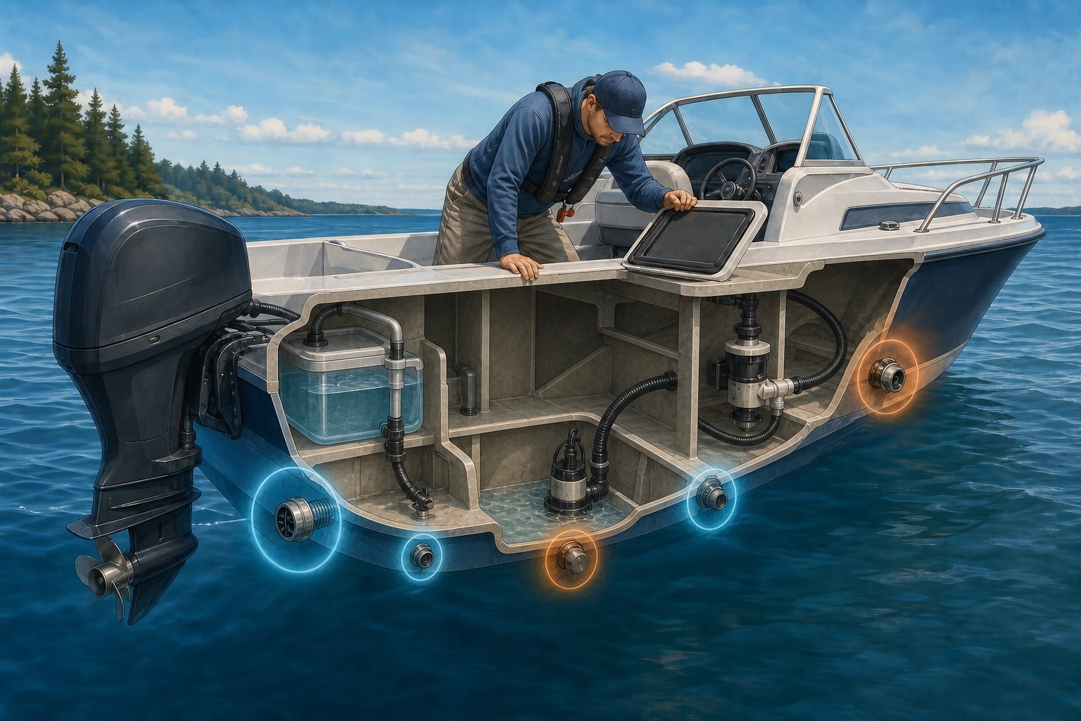 A cutaway view highlights several common places water can enter a recreational boat, including fittings, hoses, drains, and hull damage.
