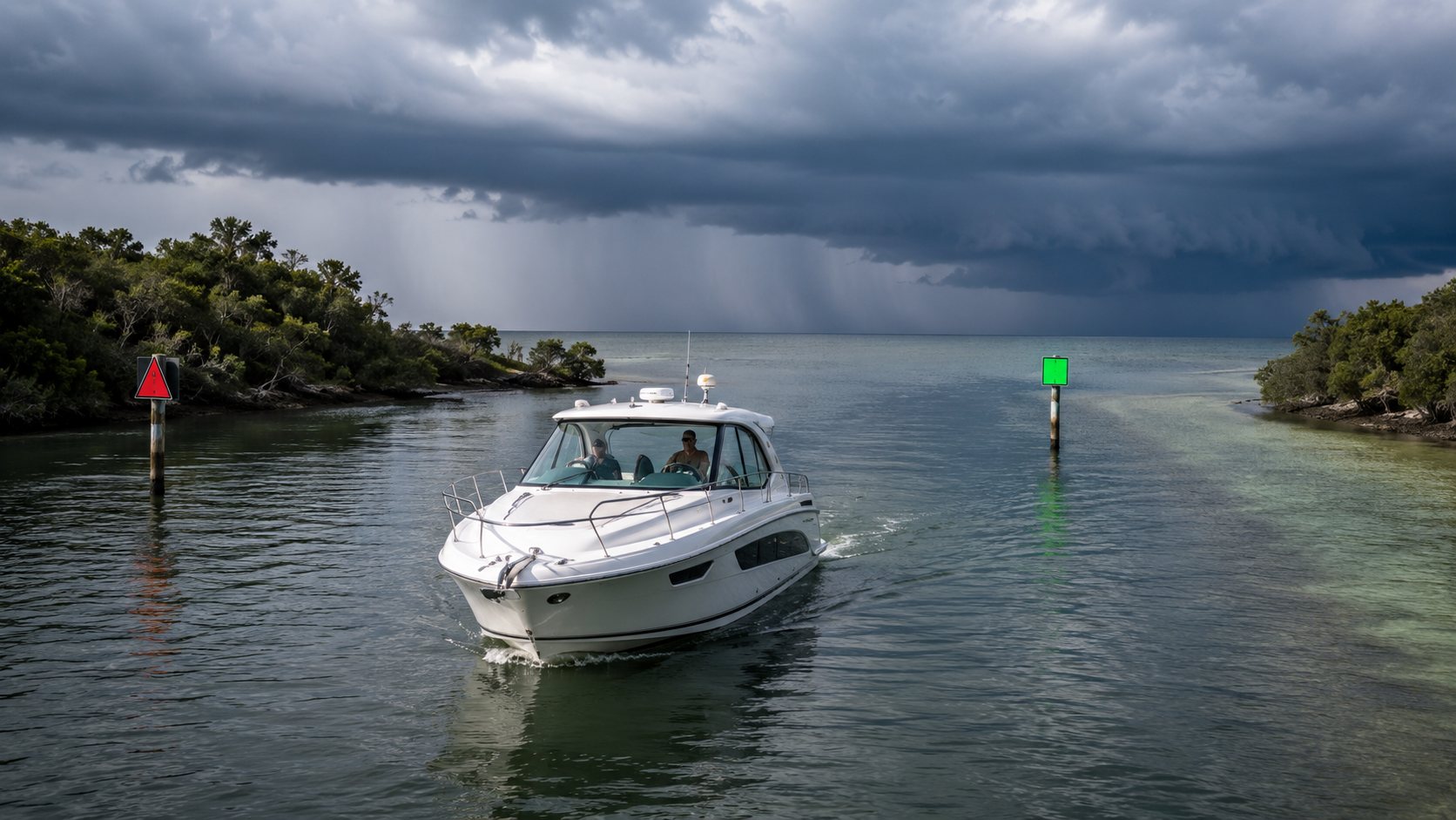 Cabin cruiser moving through a marked channel toward protected water between a red marker on the left and a green marker on the right, with a dark storm and heavy rain behind the boat.