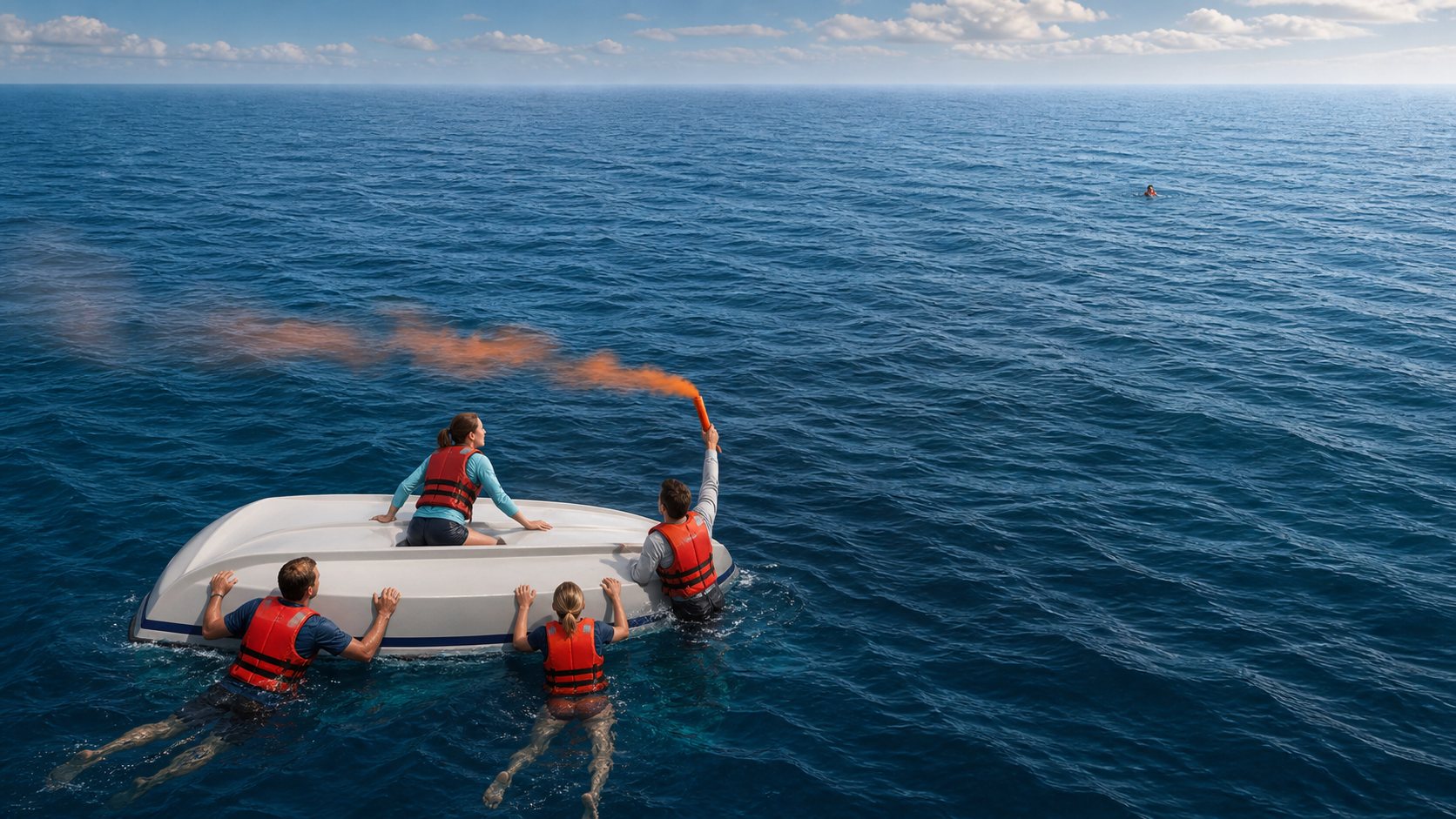 From the air, an overturned boat and grouped survivors are much more visible than one person alone in the water.