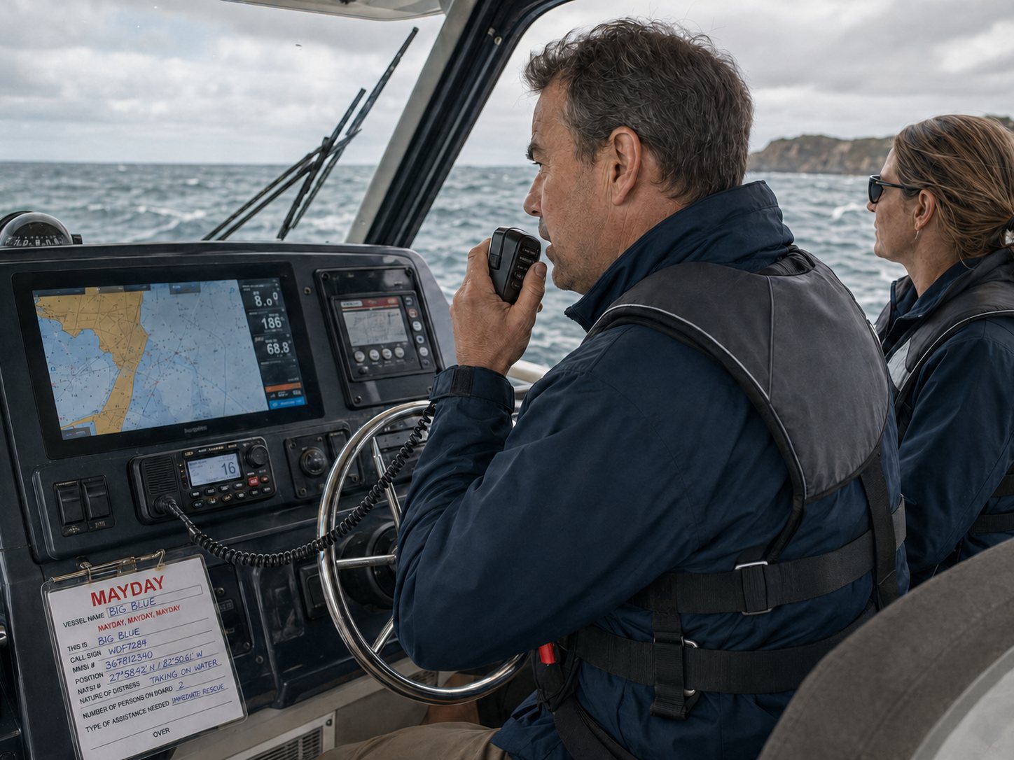 Two life-jacketed boaters at the helm in rough water while the operator sends a Mayday call on a fixed VHF radio with a prepared emergency card beside the controls.