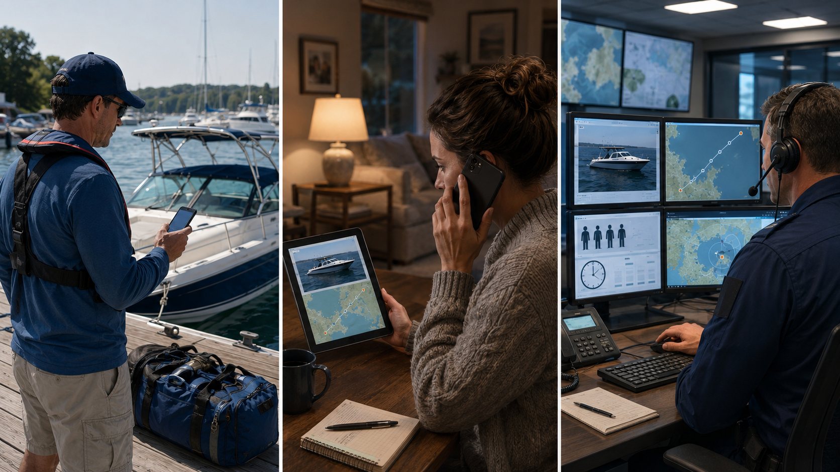 Three-panel scene showing a boater at a marina, a shore contact reviewing the boat and route while on the phone, and a rescue coordinator viewing the same vessel and route information.