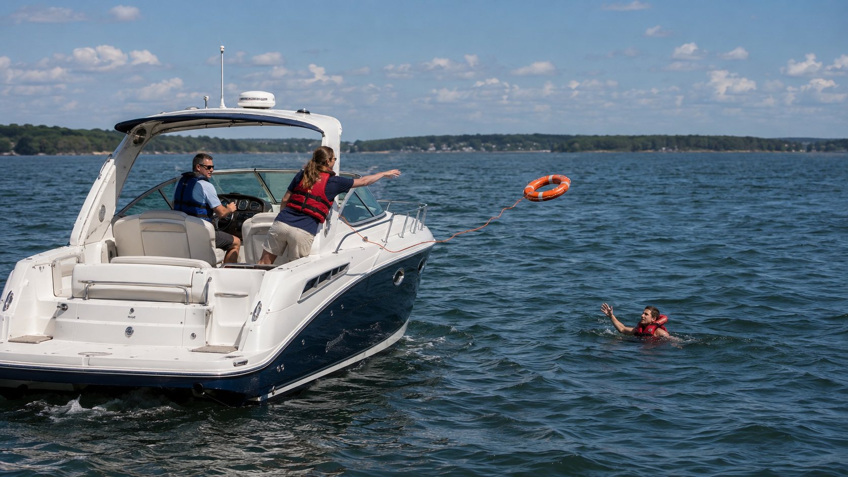 Two life-jacketed boaters aboard a cabin cruiser respond to a person overboard as one throws a ring buoy with a retrieval line toward the life-jacketed person in the water.
