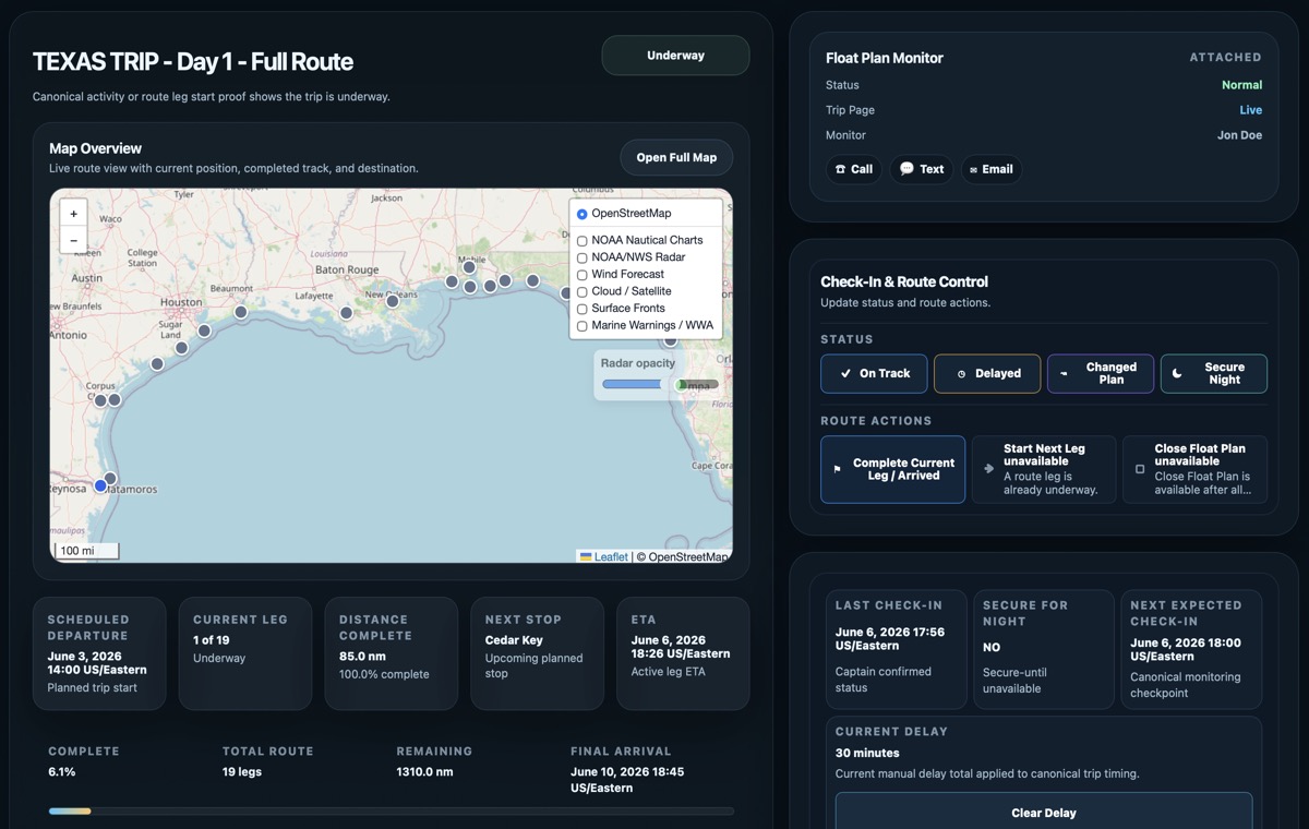 FloatPlanWizard Active Cruise screen