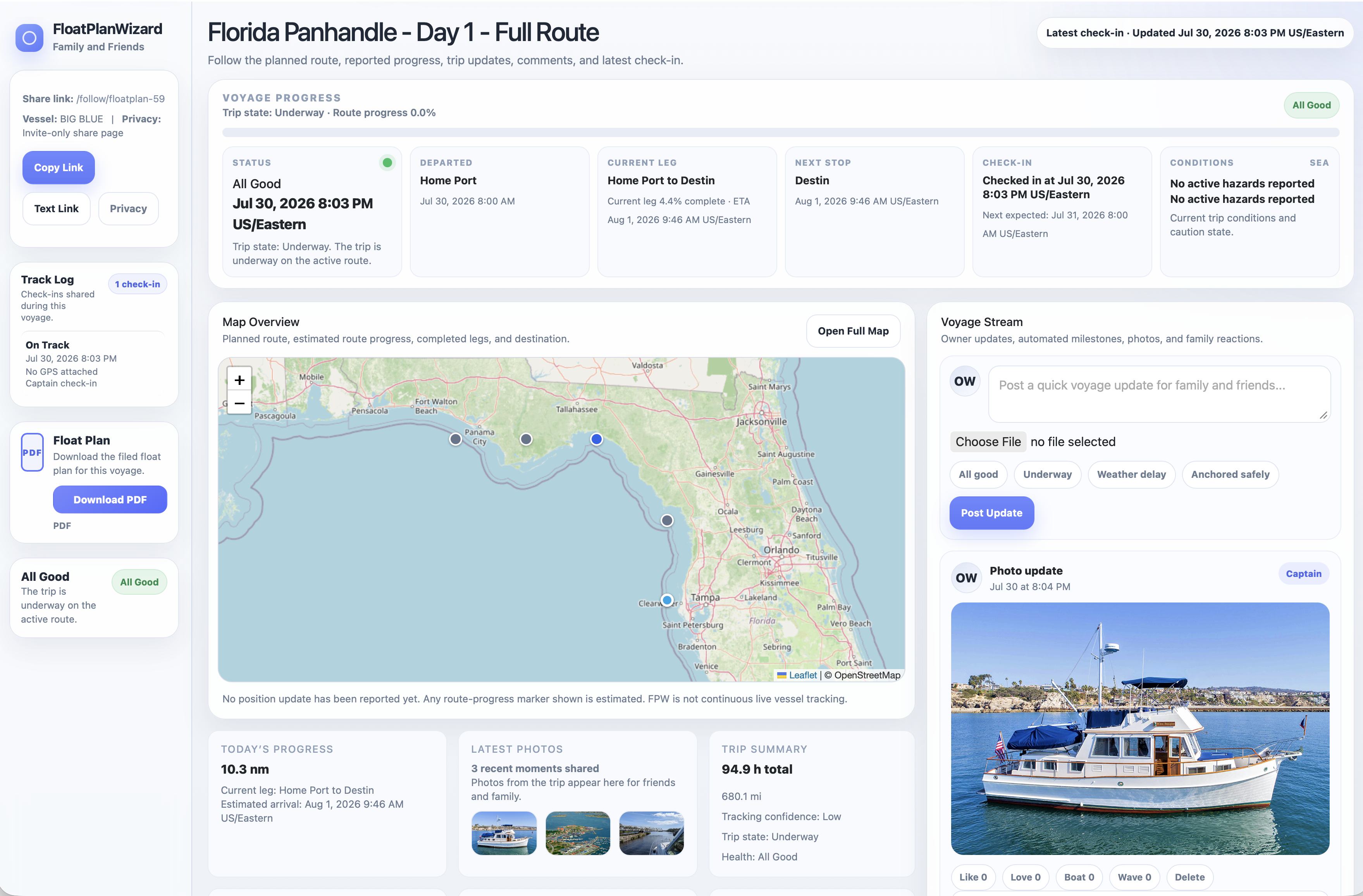Representative FloatPlanWizard private Trip Page showing a planned route, estimated trip progress, and latest check-in.