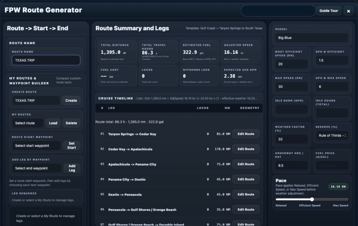 FloatPlanWizard Route Generator screen