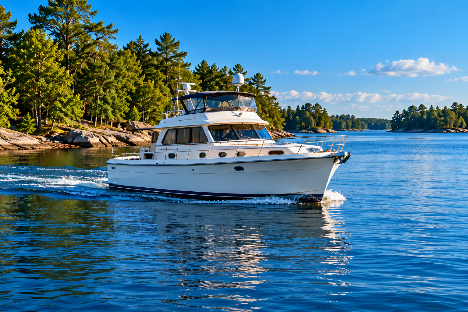 Cruising boat on a tree-lined waterway